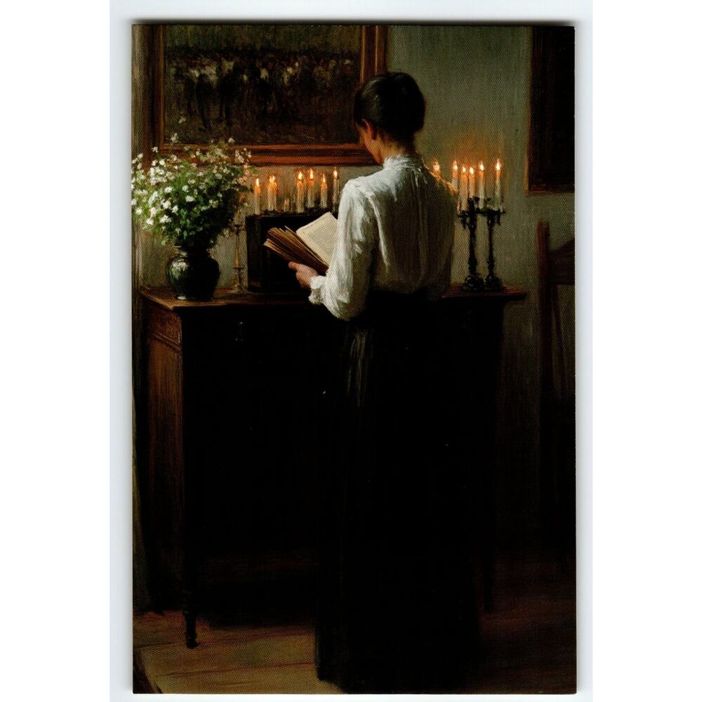 Vintage Photochrome Postcard Woman Reading by Candlelight 5.5x4"